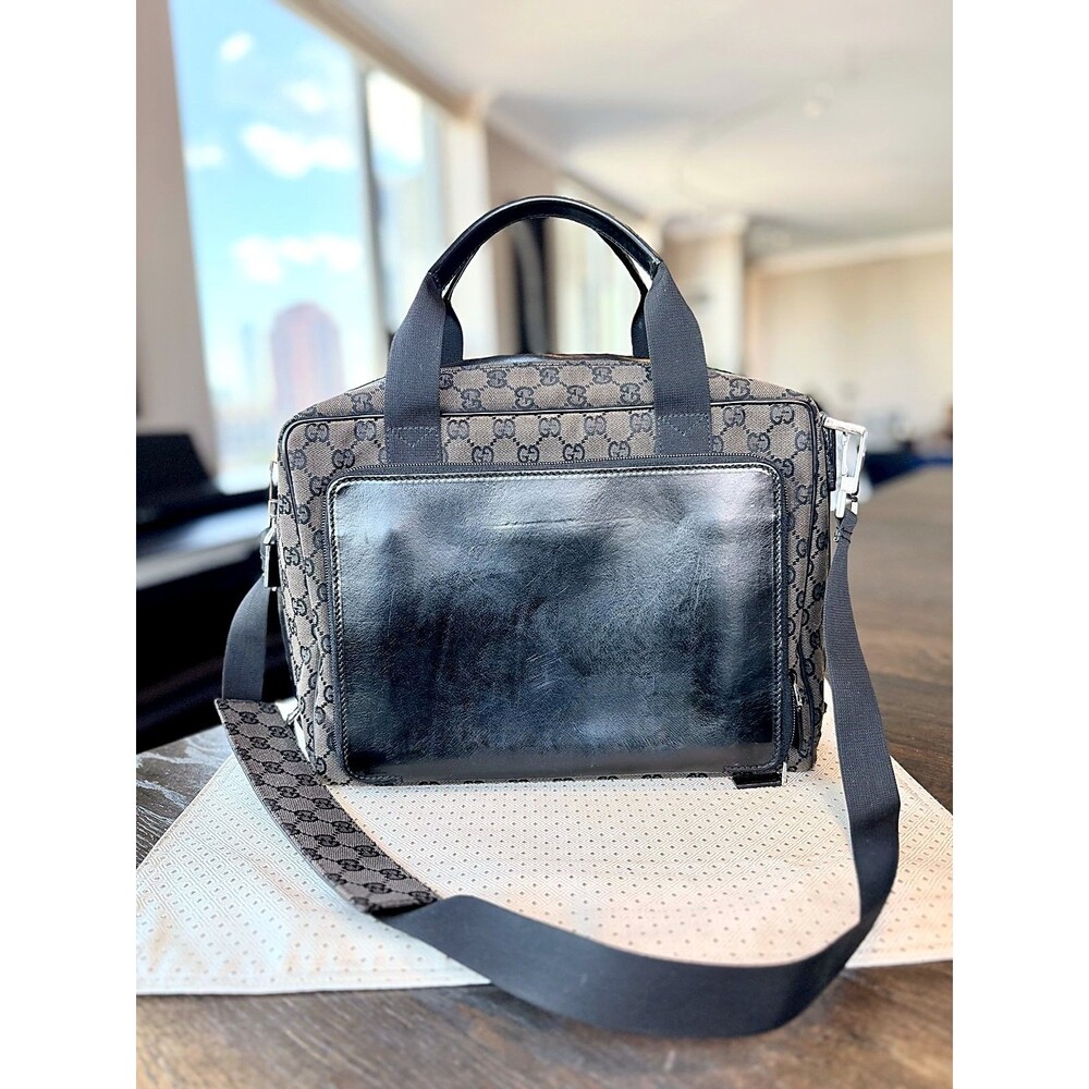 Authentic Gucci Black GG Unisex Canvas Briefcase Business Bag Black Leather